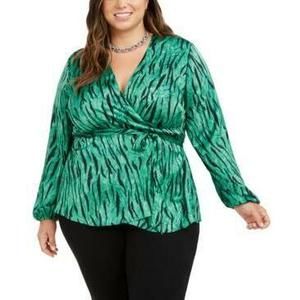 MSRP $80 Inc Plus Size Animal-Print Wrap Top Green Size 2X